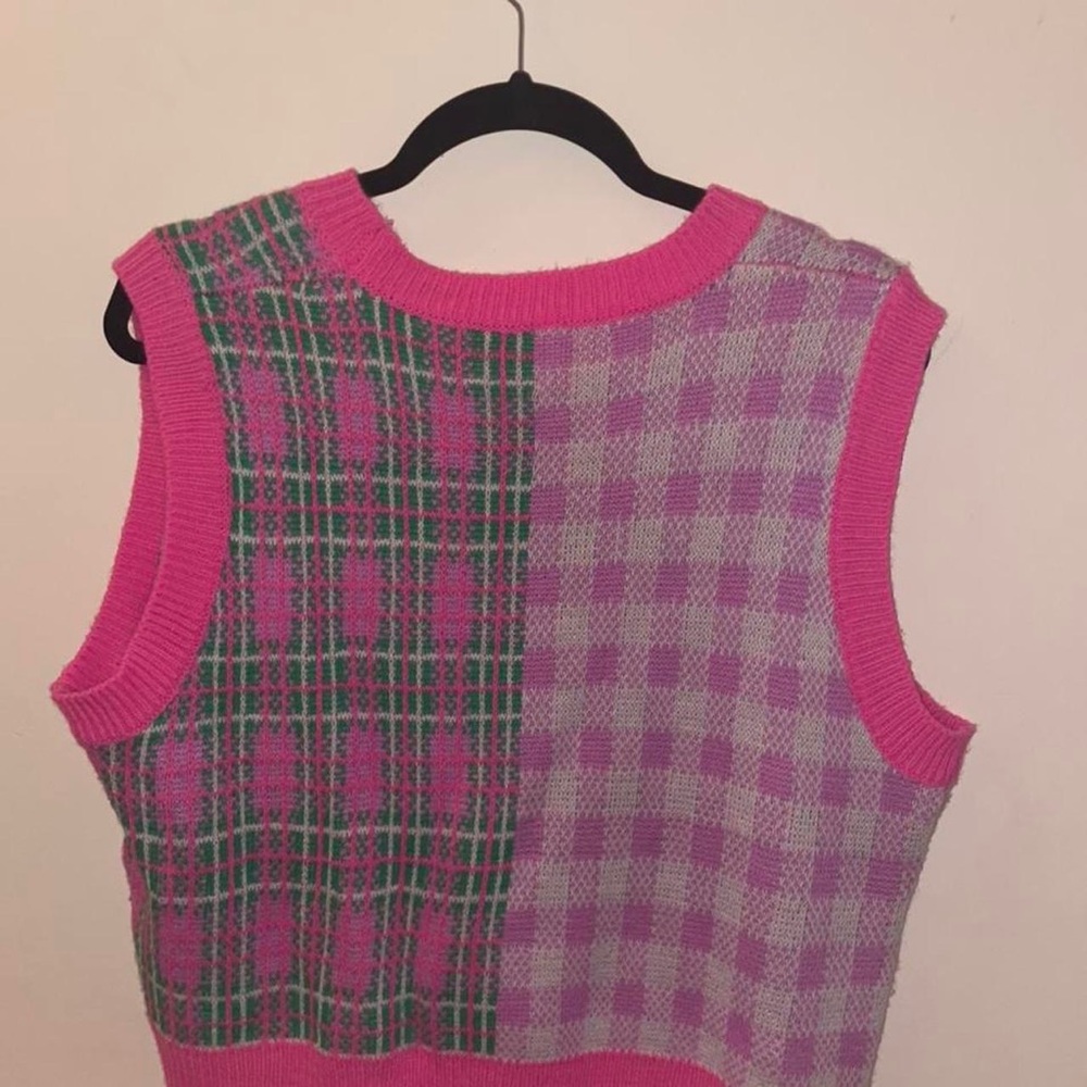 Fabric blocked pink and green sweater vest.